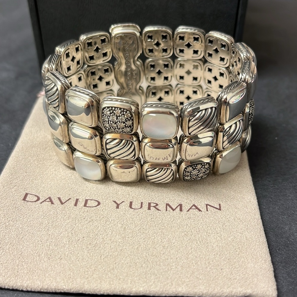 David Yurman 3 row silver diamond Mother of Pearl wide bracelet .